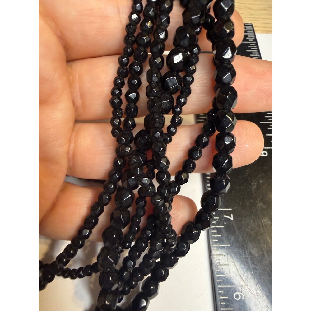 Black Multi Strand Faceted Bead Statement Necklace Ornate Silver Tone Clasp